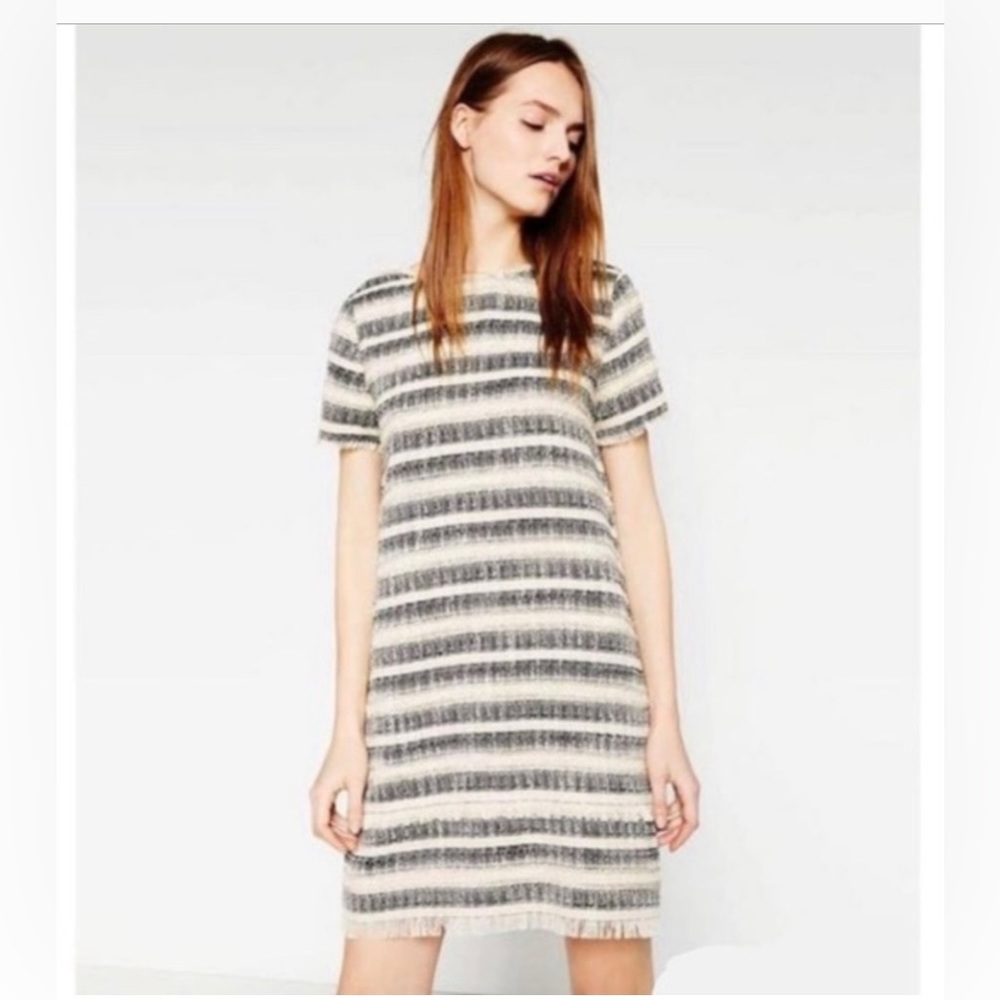 Zara Basic Collection Cream & Black Tweed Fringe Shift Dress Fall Winter